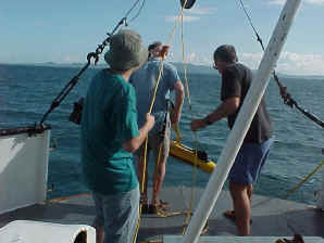 Deploying the sidescan sonar fish offshore Puerto Rico