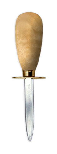 Oyster knife with 3 inch stainless steal blade, brass crown and shield and a white ash wood handle.