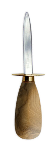 A traveler's oyster knife, with 3 inch stainless steal blade, brass crown and shield and a olive wood handle.