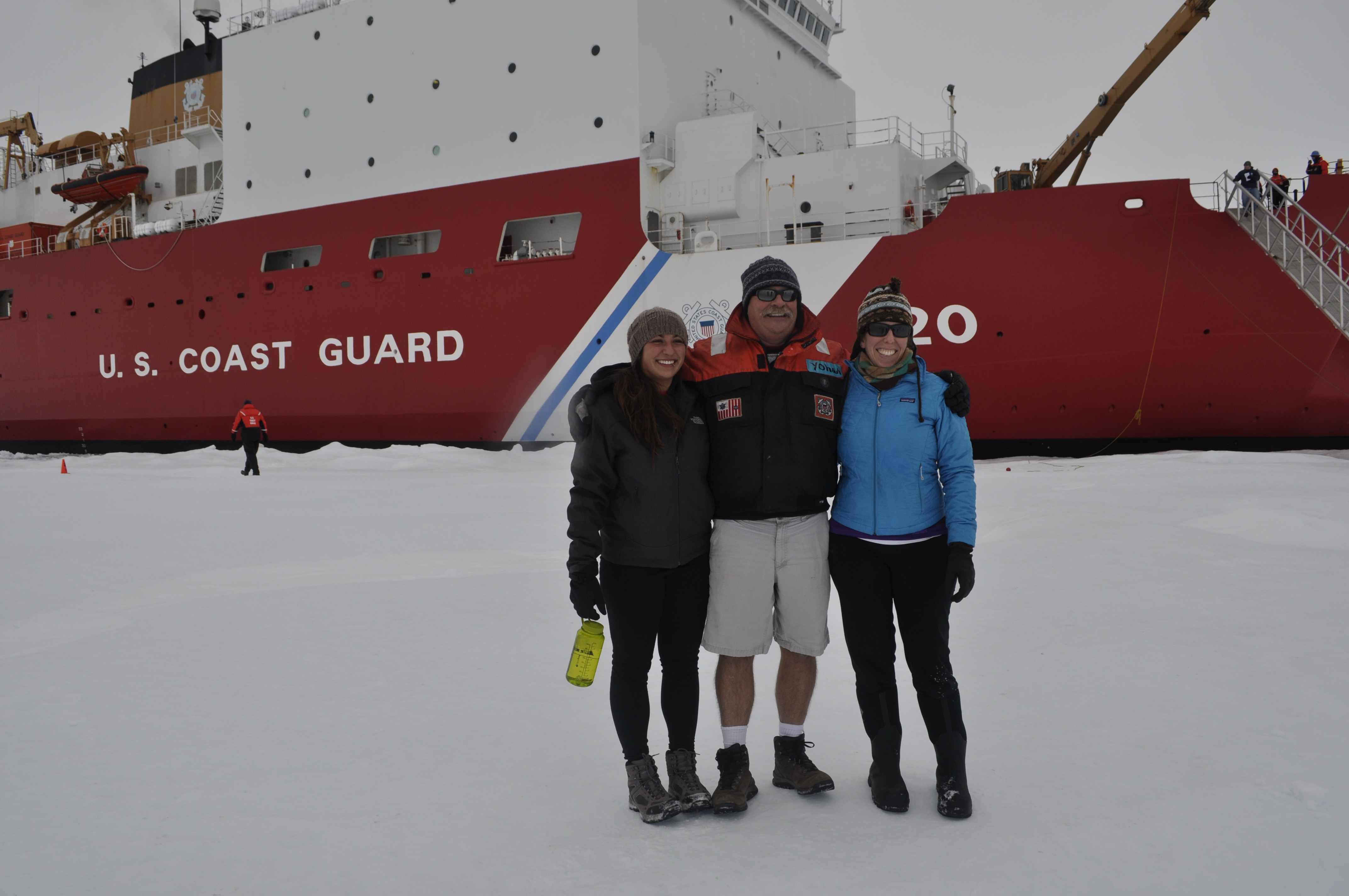 Dr. Klotsko, Dr. Neal Driscoll, and Dr. Jenna Hill on ice liberty during a cruise on the USCGC Healy